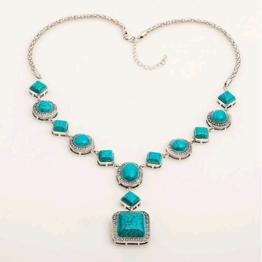 Turquoise Silver Statement Necklace Western Boho Indian Hippie Sexy Bold Glam